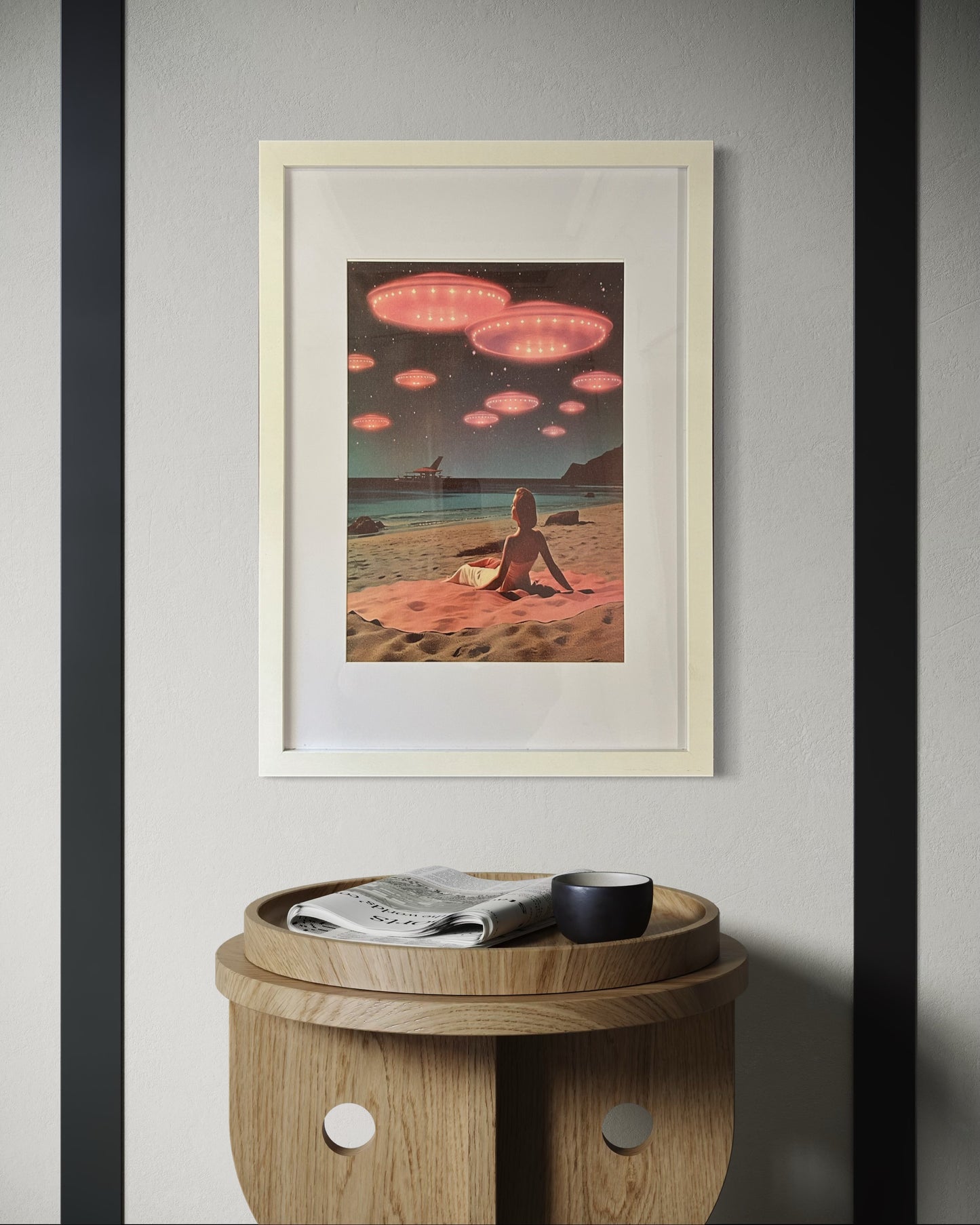UFO Beach Encounter Retro Art (Framed)