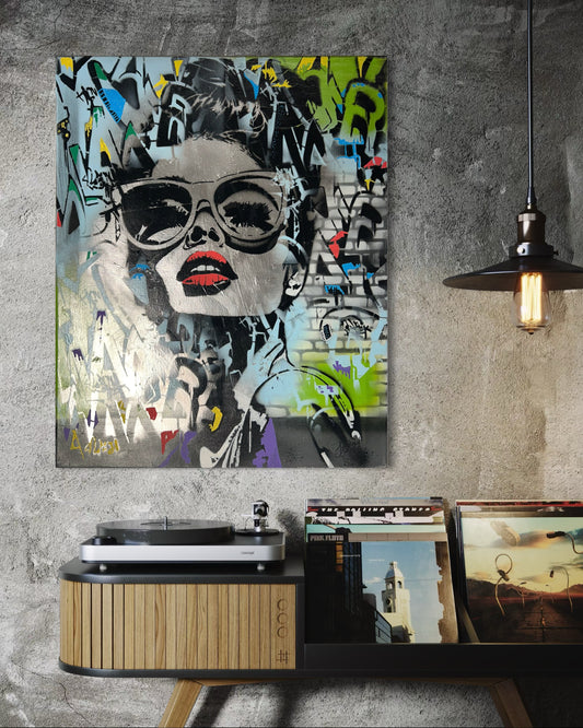 Vintage Lady Spray Painted Canvas 56x46cm