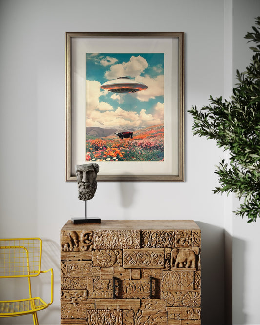UFO & Cow Surreal Art Print (Framed)