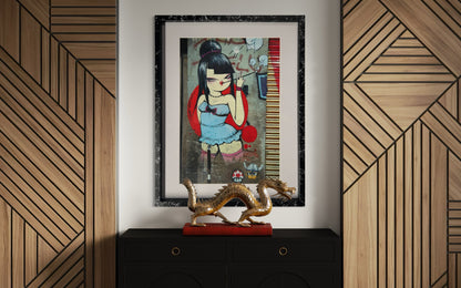 Miss Van Street Art Girl in Blue Dress (Framed) 50cm x 40cm