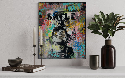 Vintage Smile Spray Painted Canvas 30x25cm
